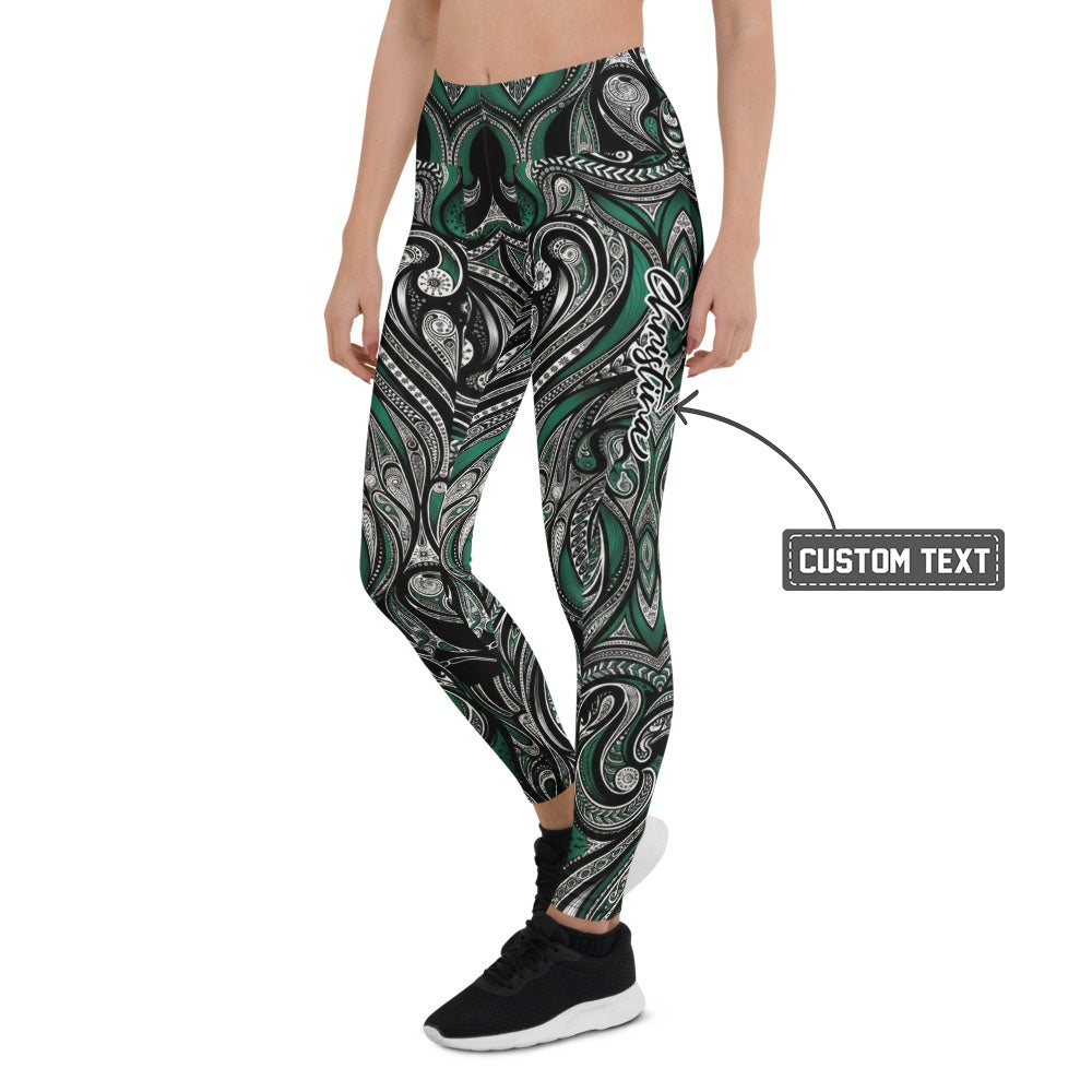 Personalisierte Damen Sportleggings Paisley Ornament Muster Grün Schwarz Yoga Fitness Leggings P676 - XL
