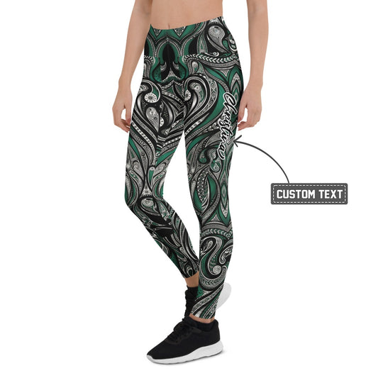 Personalisierte Damen Sportleggings Paisley Ornament Muster Grün Schwarz Yoga Fitness Leggings P676 - XL