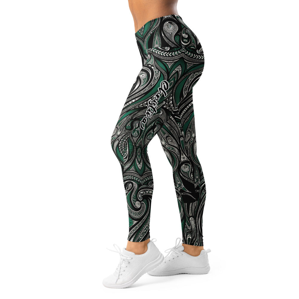 Personalisierte Damen Sportleggings Paisley Ornament Muster Grün Schwarz Yoga Fitness Leggings P676