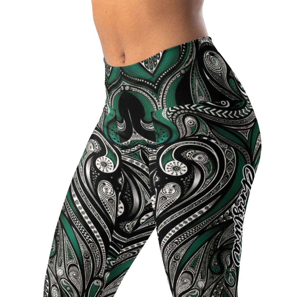 Personalisierte Damen Sportleggings Paisley Ornament Muster Grün Schwarz Yoga Fitness Leggings P676