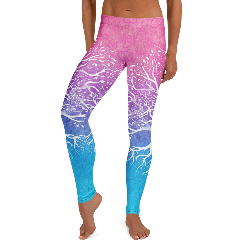 Personalisierte Damen Yoga Leggings Lebensbaum Motiv Pink Lila Blau Farbverlauf Fitnesshose Mandala Muster C036