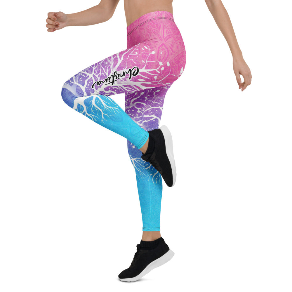 Personalisierte Damen Yoga Leggings Lebensbaum Motiv Pink Lila Blau Farbverlauf Fitnesshose Mandala Muster C036