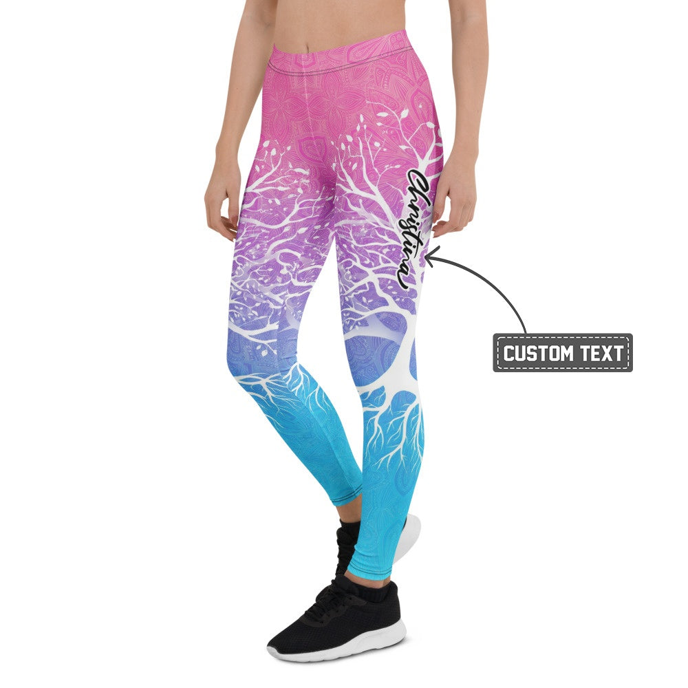 Personalisierte Damen Yoga Leggings Lebensbaum Motiv Pink Lila Blau Farbverlauf Fitnesshose Mandala Muster C036 - XL