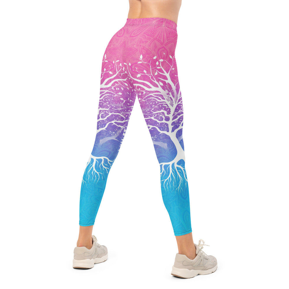 Personalisierte Damen Yoga Leggings Lebensbaum Motiv Pink Lila Blau Farbverlauf Fitnesshose Mandala Muster C036