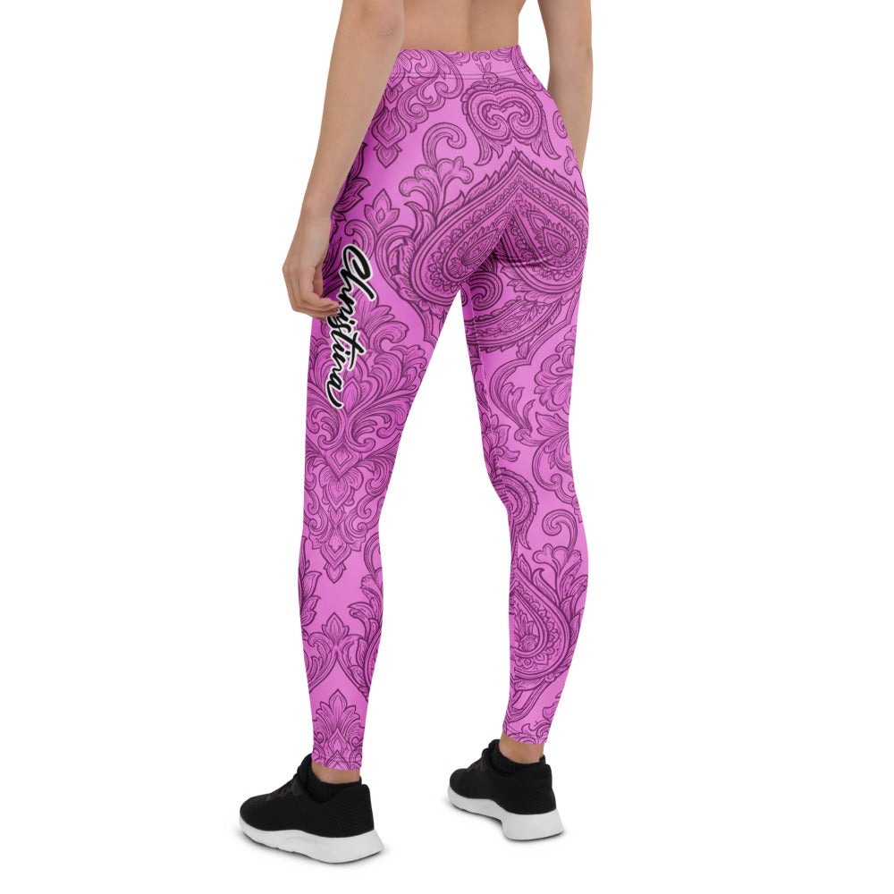 Personalisierte Damen Sportleggings Paisley Ornament Muster Pink Schwarz Fitness Yoga Leggings S741