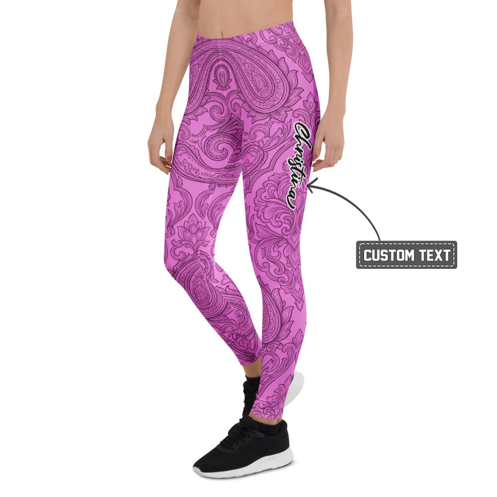 Personalisierte Damen Sportleggings Paisley Ornament Muster Pink Schwarz Fitness Yoga Leggings S741 - XL