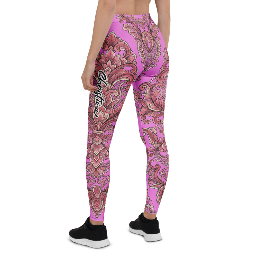 Personalisierte Sportleggings Damen Pink Ornament Barock Muster Fitness Yoga Leggings T127