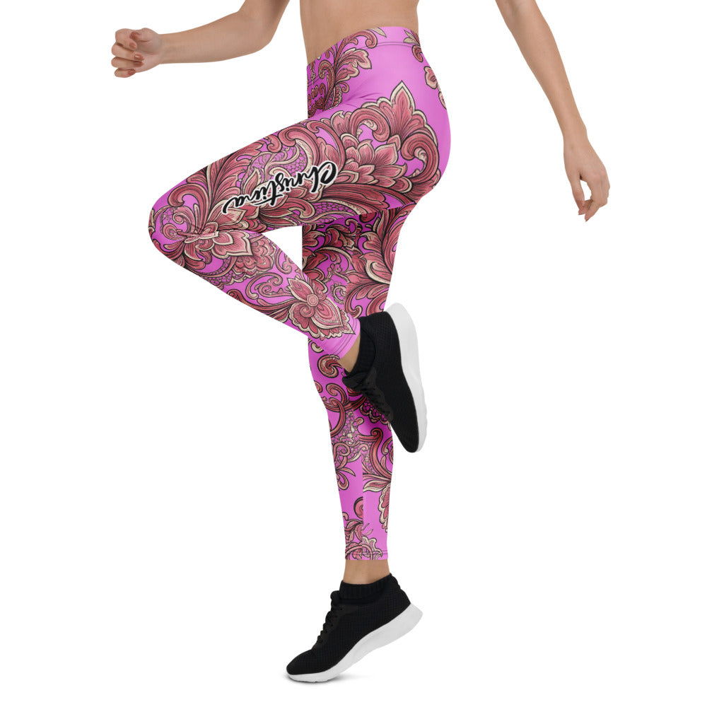 Personalisierte Sportleggings Damen Pink Ornament Barock Muster Fitness Yoga Leggings T127