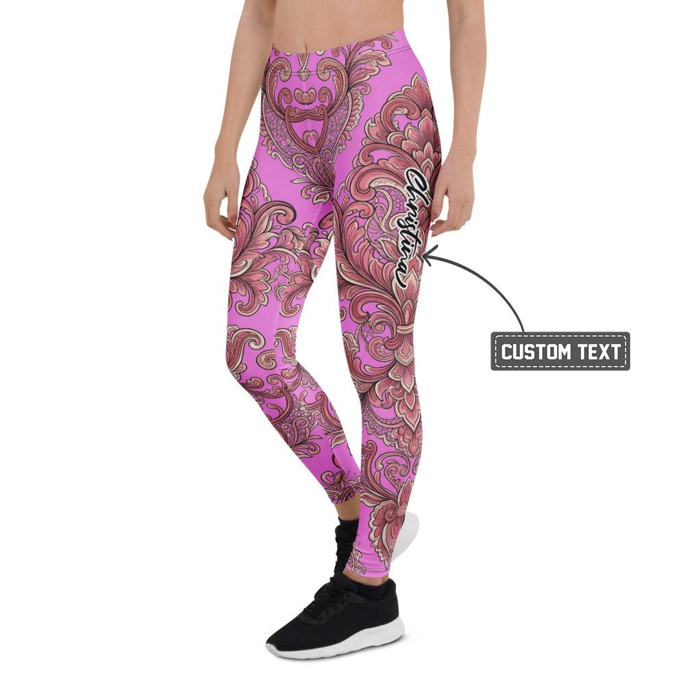 Personalisierte Sportleggings Damen Pink Ornament Barock Muster Fitness Yoga Leggings T127 - XL