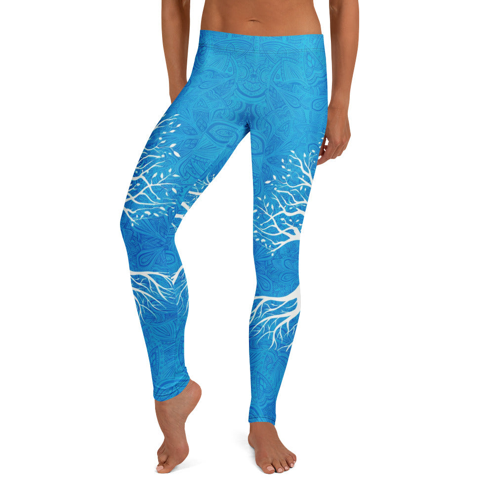 Personalisierte Damen Sportleggings Lebensbaum Design Blau Weiß Mandala Fitness Yoga Leggings F490
