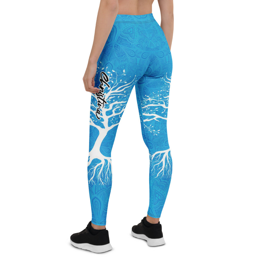 Personalisierte Damen Sportleggings Lebensbaum Design Blau Weiß Mandala Fitness Yoga Leggings F490