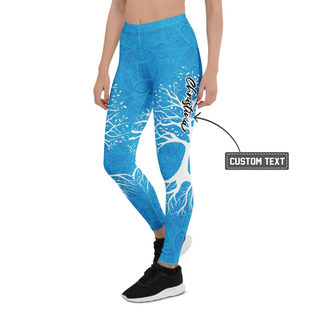 Personalisierte Damen Sportleggings Lebensbaum Design Blau Weiß Mandala Fitness Yoga Leggings F490 - XL