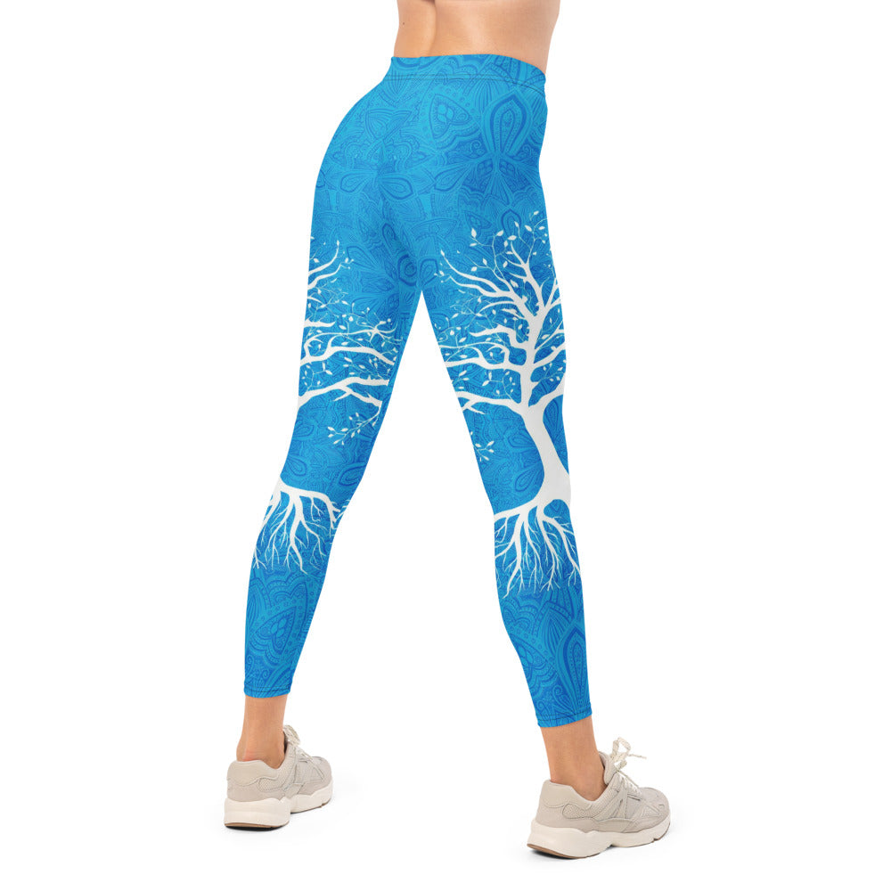 Personalisierte Damen Sportleggings Lebensbaum Design Blau Weiß Mandala Fitness Yoga Leggings F490