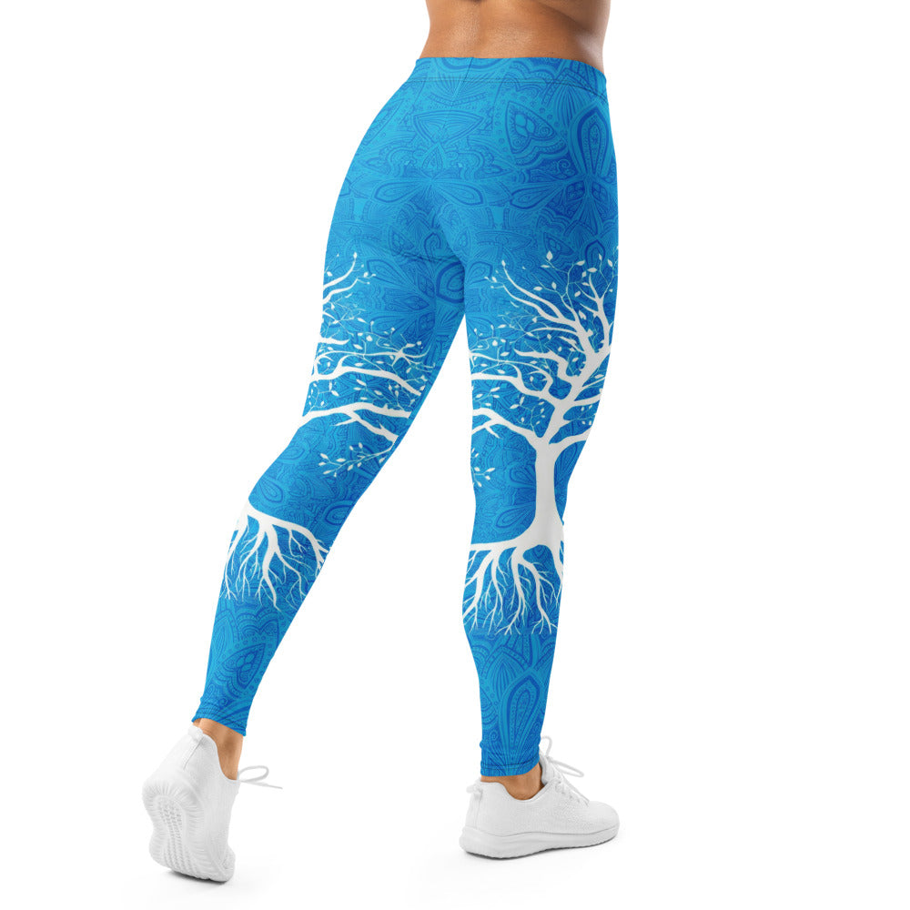 Personalisierte Damen Sportleggings Lebensbaum Design Blau Weiß Mandala Fitness Yoga Leggings F490