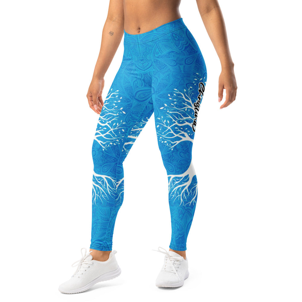 Personalisierte Damen Sportleggings Lebensbaum Design Blau Weiß Mandala Fitness Yoga Leggings F490
