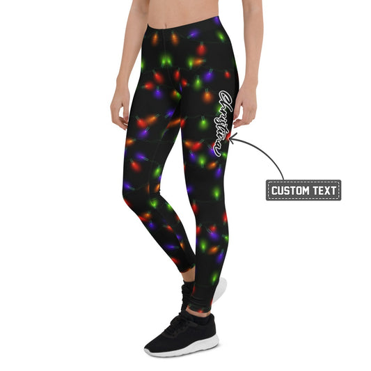 Personalisierte Damen Leggings Weihnachten Lichterkette Muster Schwarz Bunt Fitness Yoga Hose T197 - XL