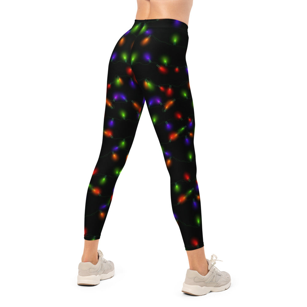 Personalisierte Damen Leggings Weihnachten Lichterkette Muster Schwarz Bunt Fitness Yoga Hose T197
