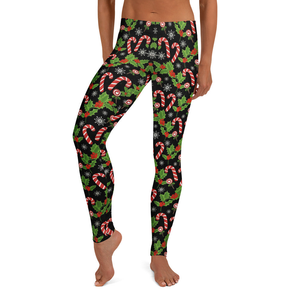 Personalisierte Damen Sportleggings Weihnachten Motiv Zuckerstangen Stechpalme Fitness Leggings Schwarz N755