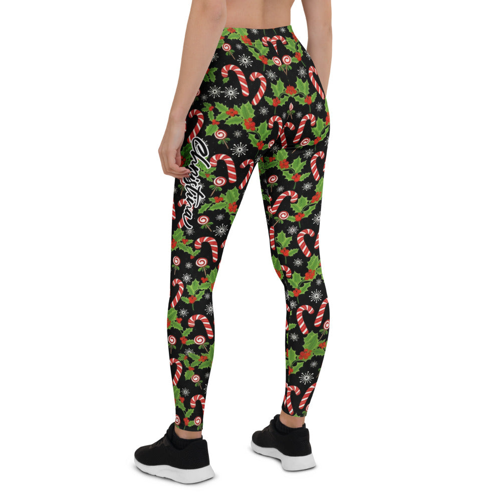 Personalisierte Damen Sportleggings Weihnachten Motiv Zuckerstangen Stechpalme Fitness Leggings Schwarz N755