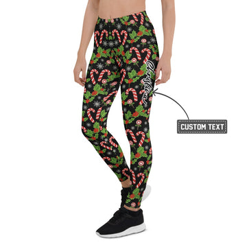 Personalisierte Damen Sportleggings Weihnachten Motiv Zuckerstangen Stechpalme Fitness Leggings Schwarz N755 - XL