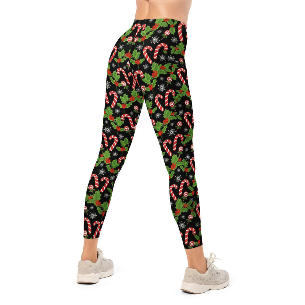 Personalisierte Damen Sportleggings Weihnachten Motiv Zuckerstangen Stechpalme Fitness Leggings Schwarz N755