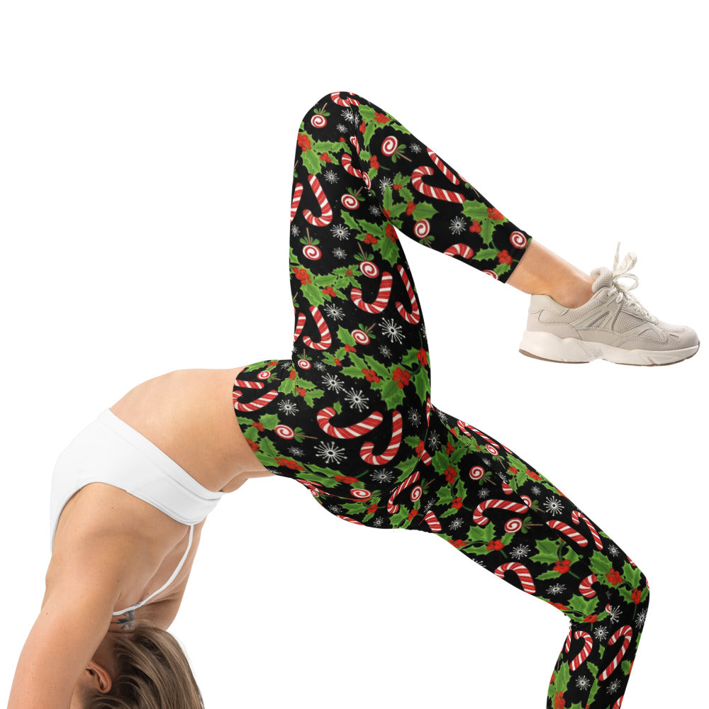 Personalisierte Damen Sportleggings Weihnachten Motiv Zuckerstangen Stechpalme Fitness Leggings Schwarz N755