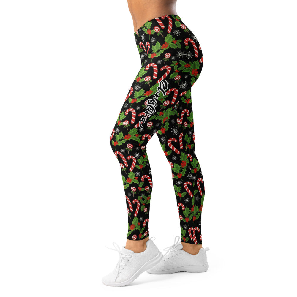 Personalisierte Damen Sportleggings Weihnachten Motiv Zuckerstangen Stechpalme Fitness Leggings Schwarz N755