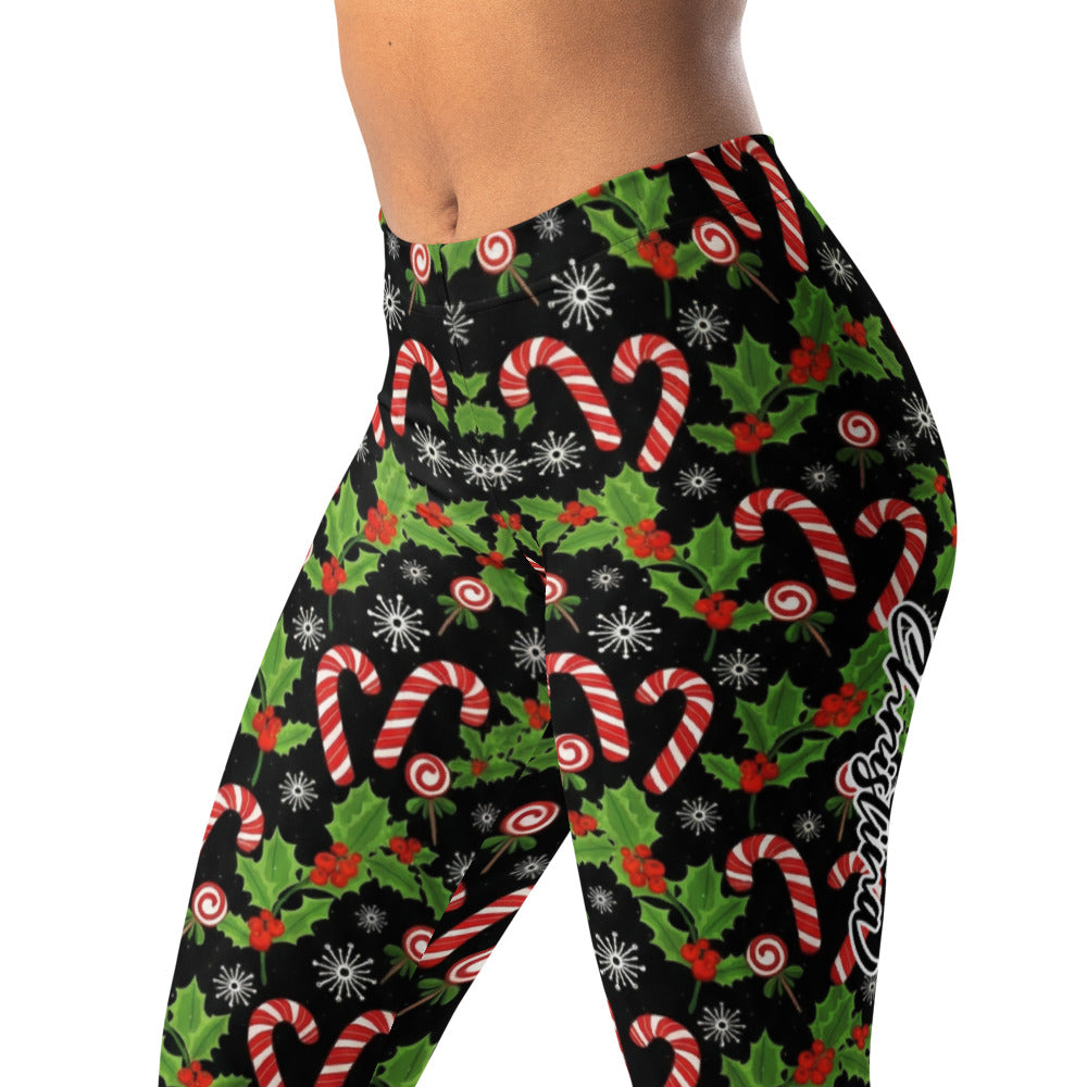 Personalisierte Damen Sportleggings Weihnachten Motiv Zuckerstangen Stechpalme Fitness Leggings Schwarz N755