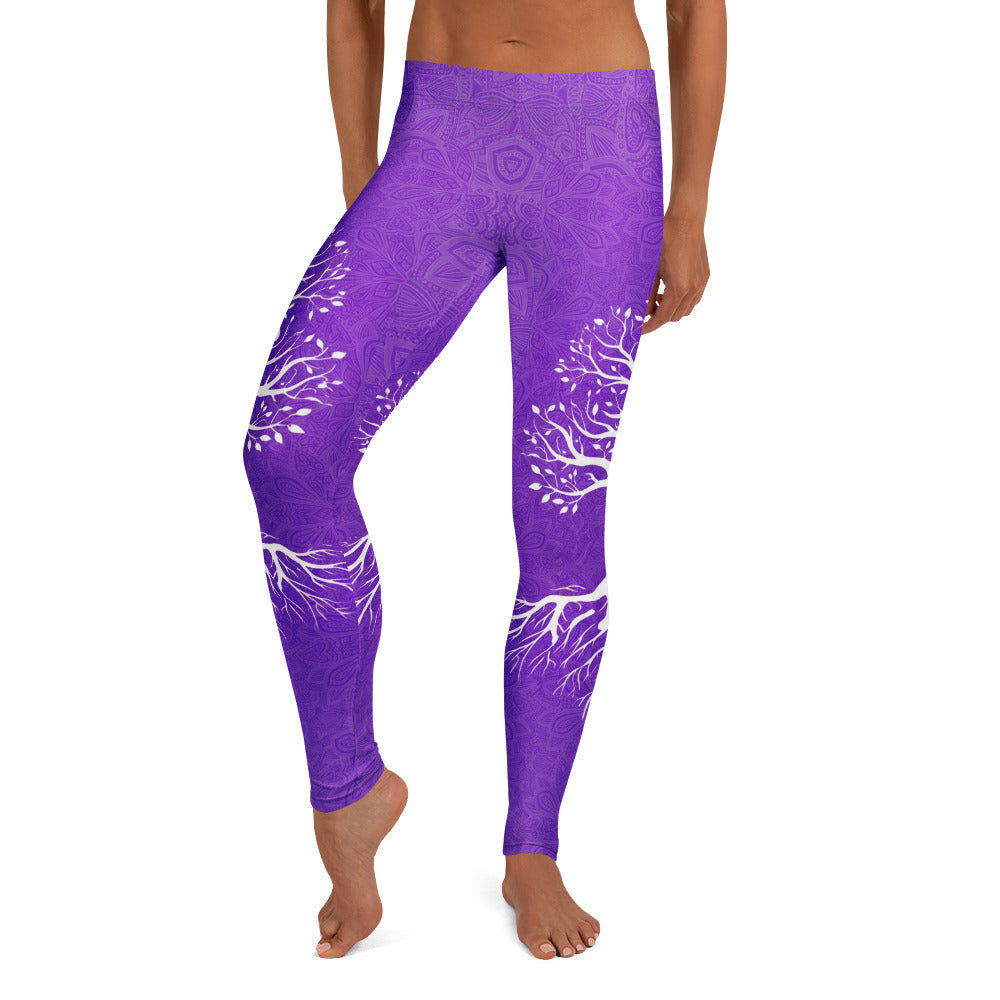 Personalisierte Damen Sportleggings Lila Mandala Design Weißer Lebensbaum Yoga Fitnesshose Q807