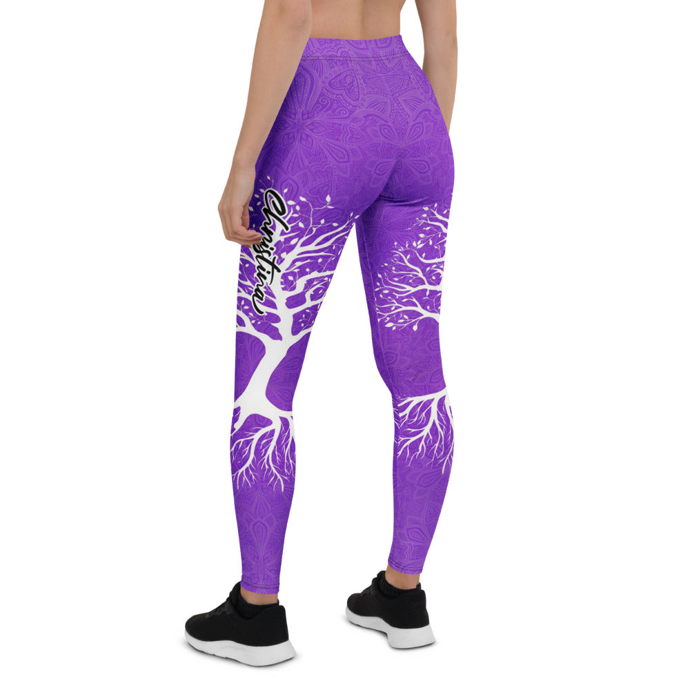 Personalisierte Damen Sportleggings Lila Mandala Design Weißer Lebensbaum Yoga Fitnesshose Q807