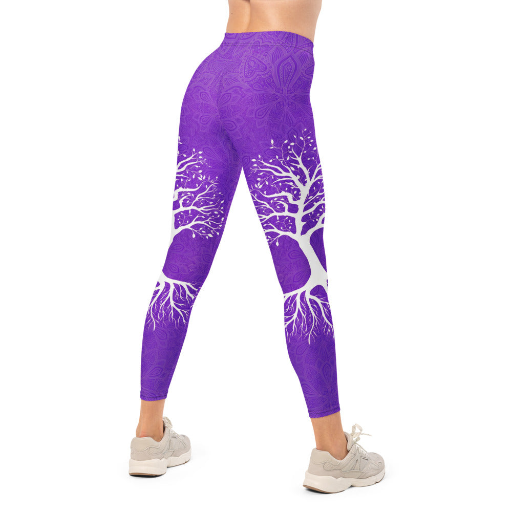 Personalisierte Damen Sportleggings Lila Mandala Design Weißer Lebensbaum Yoga Fitnesshose Q807