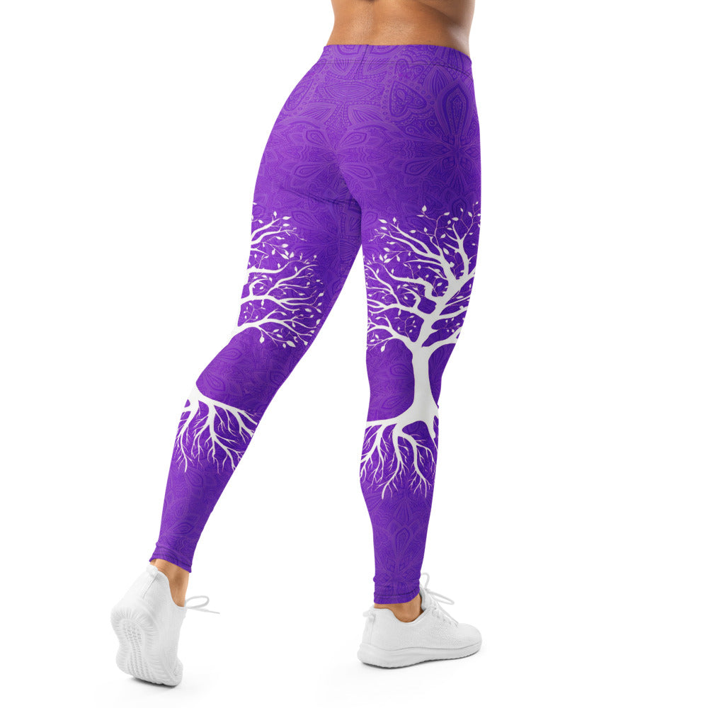 Personalisierte Damen Sportleggings Lila Mandala Design Weißer Lebensbaum Yoga Fitnesshose Q807