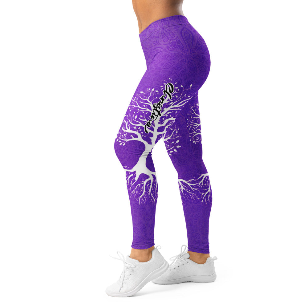 Personalisierte Damen Sportleggings Lila Mandala Design Weißer Lebensbaum Yoga Fitnesshose Q807