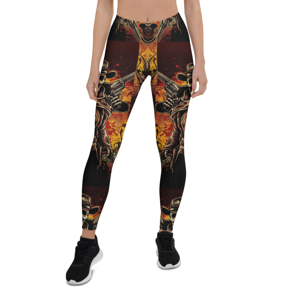 Personalisierte Damen Sportleggings Totenkopf Cowboy Design Schwarz Orange Fitness Leggings Yoga Hose R771