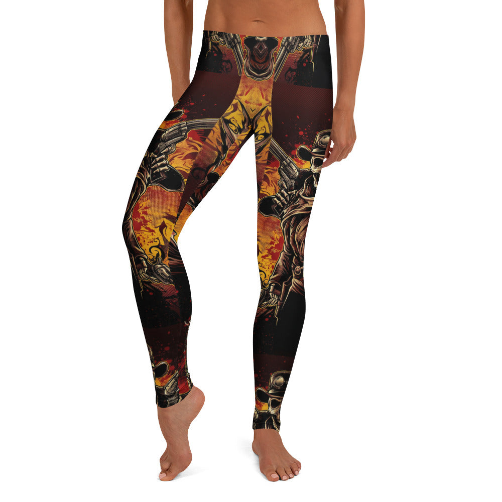 Personalisierte Damen Sportleggings Totenkopf Cowboy Design Schwarz Orange Fitness Leggings Yoga Hose R771