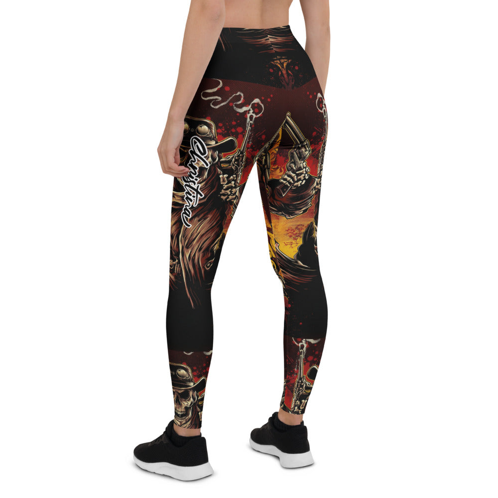 Personalisierte Damen Sportleggings Totenkopf Cowboy Design Schwarz Orange Fitness Leggings Yoga Hose R771