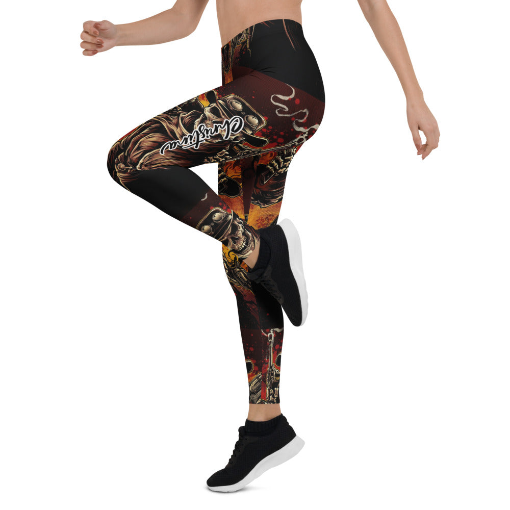 Personalisierte Damen Sportleggings Totenkopf Cowboy Design Schwarz Orange Fitness Leggings Yoga Hose R771