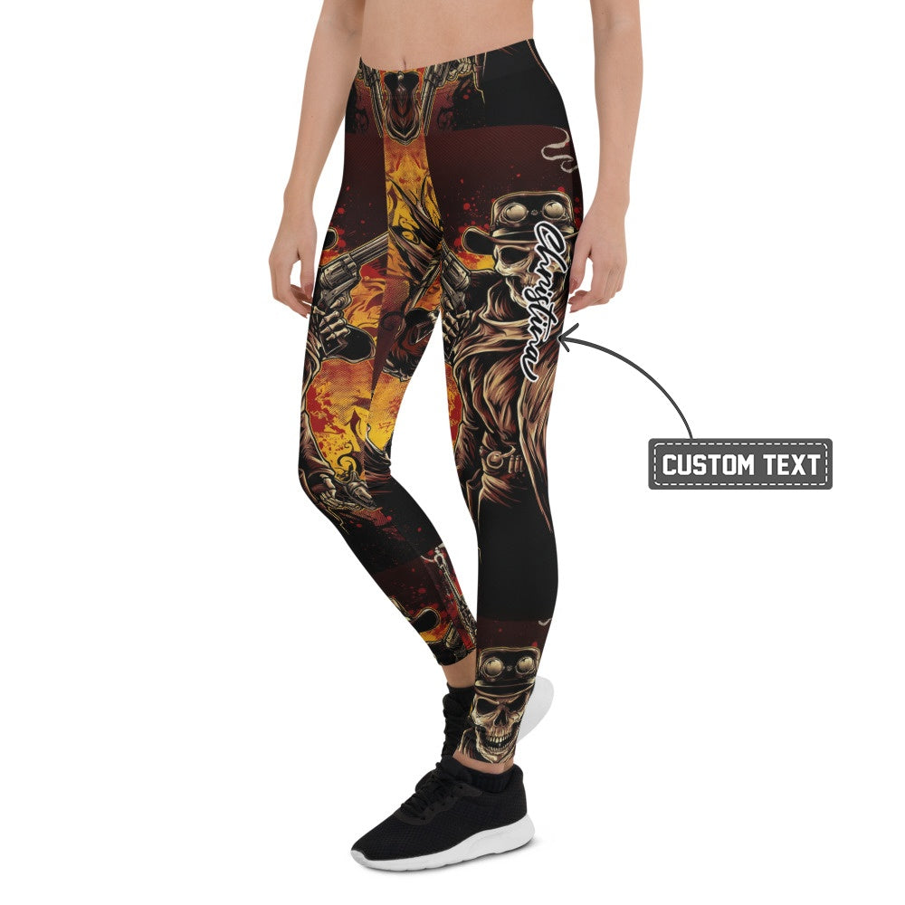 Personalisierte Damen Sportleggings Totenkopf Cowboy Design Schwarz Orange Fitness Leggings Yoga Hose R771 - XL
