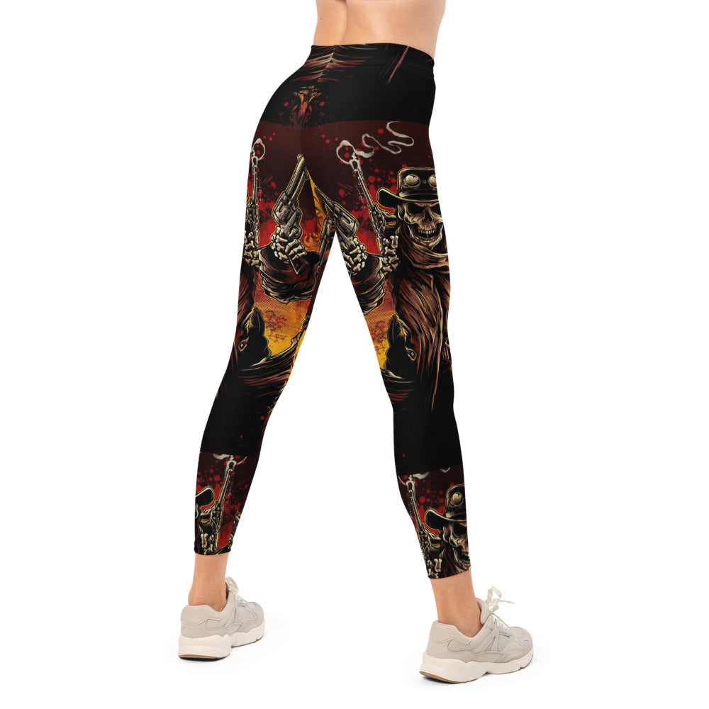 Personalisierte Damen Sportleggings Totenkopf Cowboy Design Schwarz Orange Fitness Leggings Yoga Hose R771
