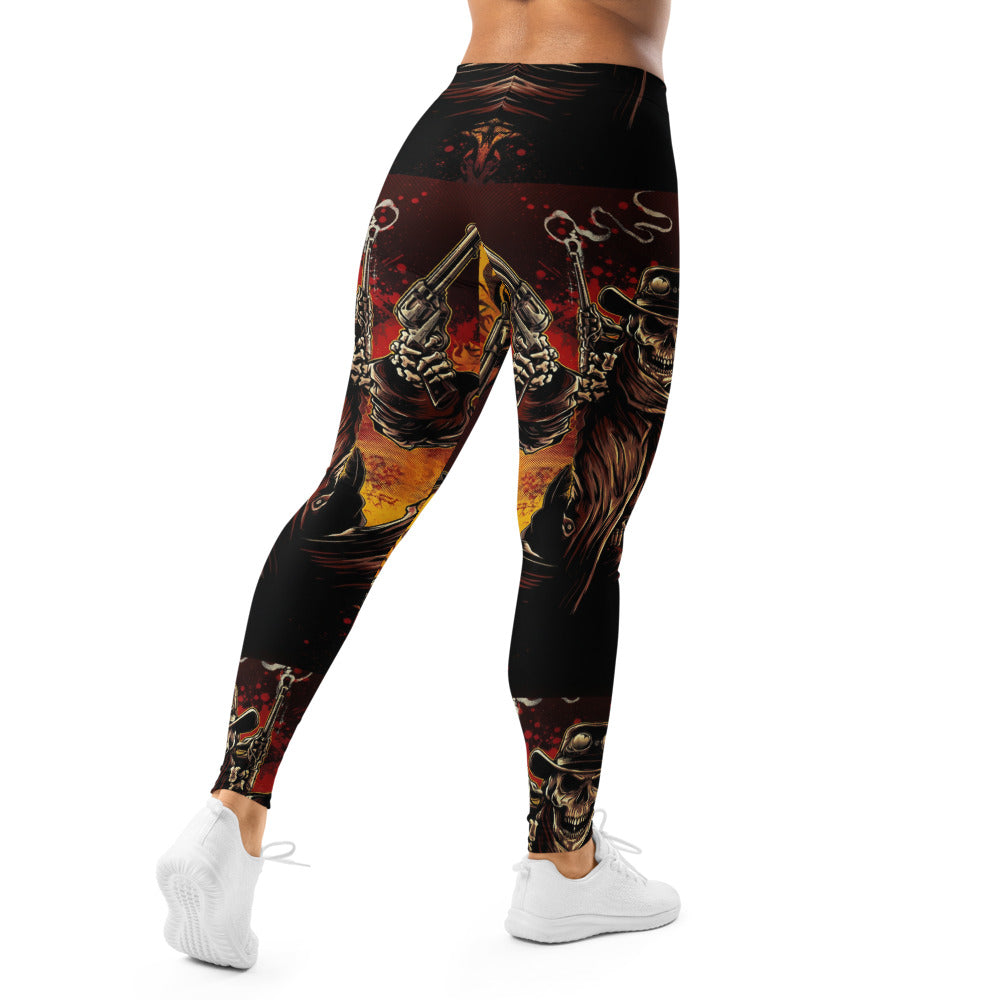 Personalisierte Damen Sportleggings Totenkopf Cowboy Design Schwarz Orange Fitness Leggings Yoga Hose R771