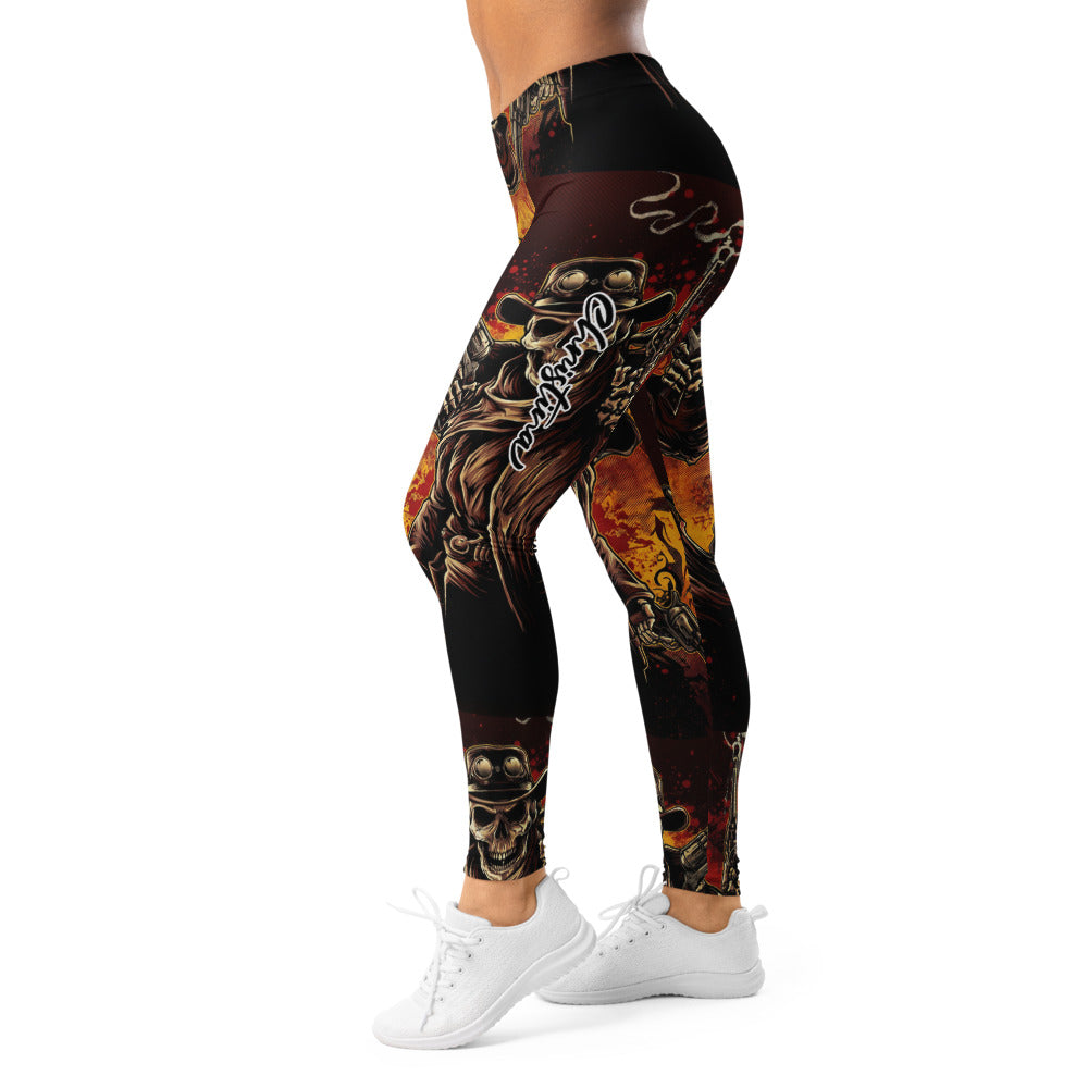 Personalisierte Damen Sportleggings Totenkopf Cowboy Design Schwarz Orange Fitness Leggings Yoga Hose R771