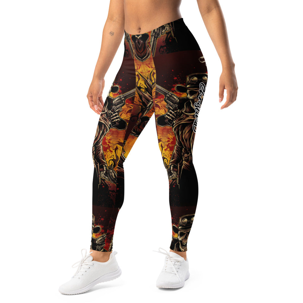 Personalisierte Damen Sportleggings Totenkopf Cowboy Design Schwarz Orange Fitness Leggings Yoga Hose R771