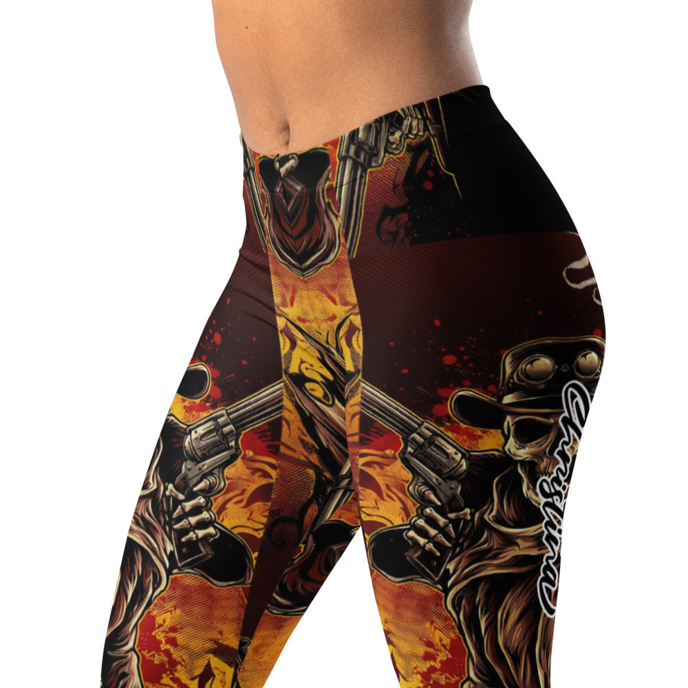 Personalisierte Damen Sportleggings Totenkopf Cowboy Design Schwarz Orange Fitness Leggings Yoga Hose R771
