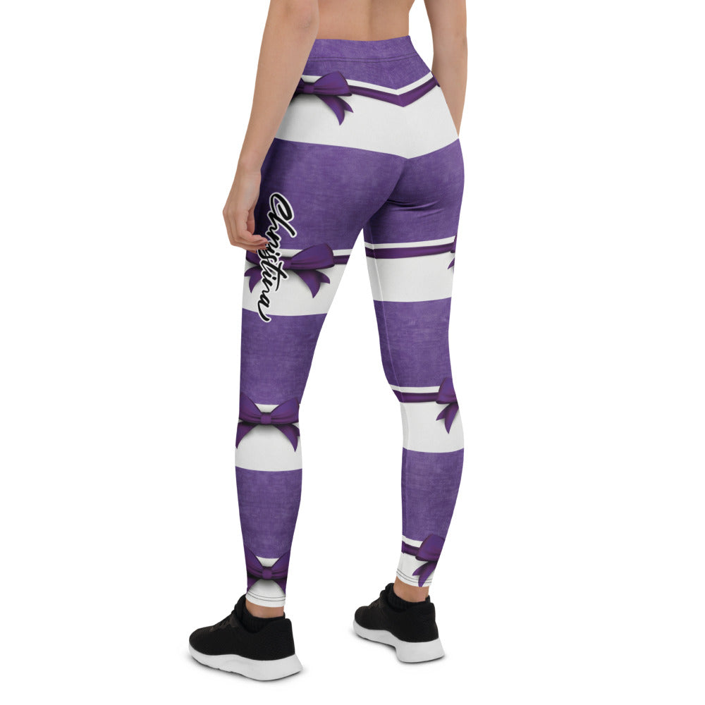 Personalisierte Sportleggings Damen Lila Weiß Gestreift Fitness Leggings mit Schleifen-Design M696