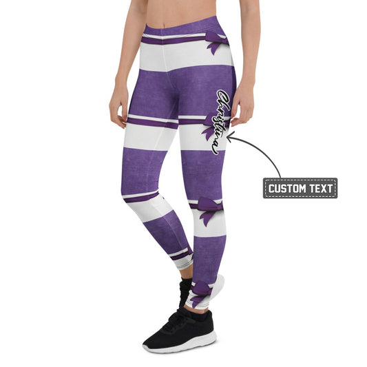 Personalisierte Sportleggings Damen Lila Weiß Gestreift Fitness Leggings mit Schleifen-Design M696 - XL
