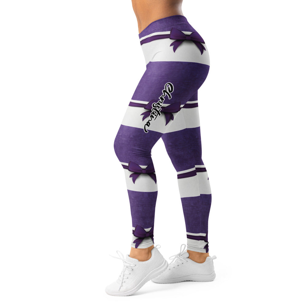 Personalisierte Sportleggings Damen Lila Weiß Gestreift Fitness Leggings mit Schleifen-Design M696