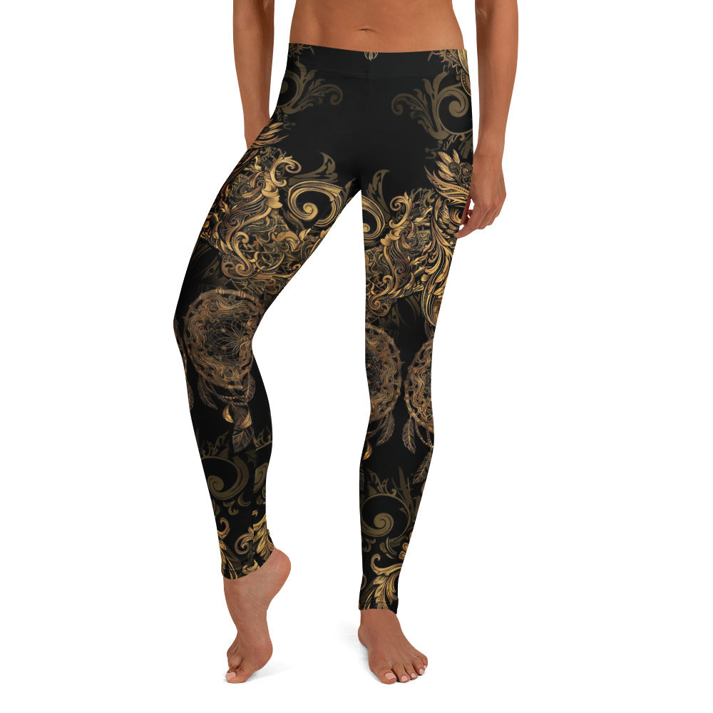Personalisierte Damen Sportleggings Schwarz Gold Traumfänger Barock Ornamente Fitness Yoga Leggings I243