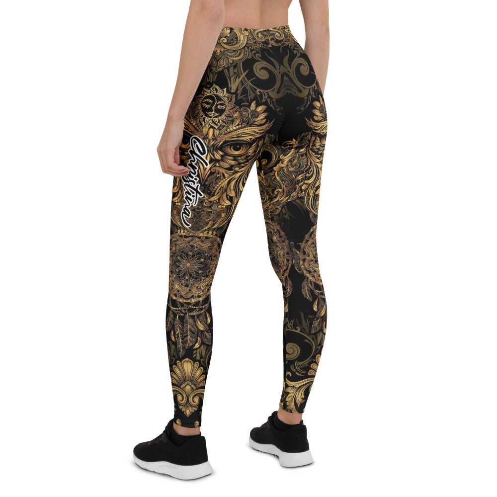 Personalisierte Damen Sportleggings Schwarz Gold Traumfänger Barock Ornamente Fitness Yoga Leggings I243