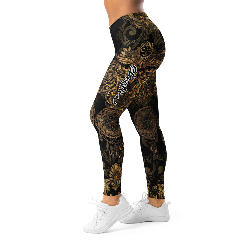 Personalisierte Damen Sportleggings Schwarz Gold Traumfänger Barock Ornamente Fitness Yoga Leggings I243
