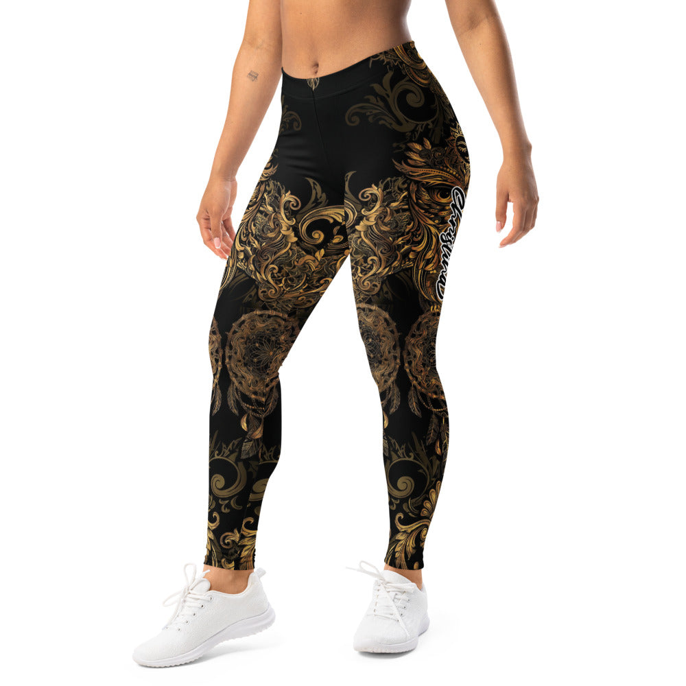 Personalisierte Damen Sportleggings Schwarz Gold Traumfänger Barock Ornamente Fitness Yoga Leggings I243